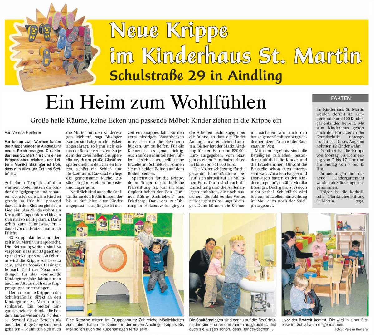 Fußner Kühne Architekten 2012 - Presseartikel aus der Aichacher Zeitung: Ein Heim zum Wohlfühlen (Erweiterung der Kinderkrippe Aindling)