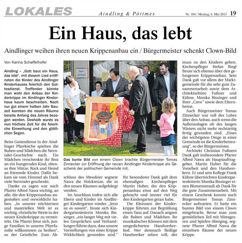 Fußner Kühne Architekten 2013 - Presseartikel aus der Aichacher Zeitung: Ein Haus, das lebt (Erweiterung der Kinderkrippe Aindling)