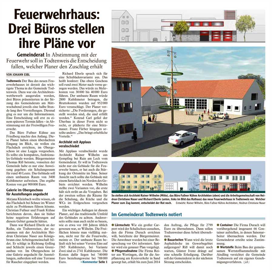Fußner Kühne Architekten 2013 - Presseartikel aus der Aichacher Zeitung: Drei mal Feuerwehrhaus / Artikel aus der Aichacher Zeitung vom 23.05.2013