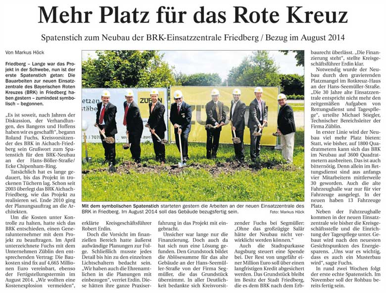Fußner Kühne Architekten 2013 - Presseartikel aus der Aichacher Zeitung vom 08.07.2013: Mehr Platz für das Rote Kreuz (Neubau der Rotes Kreuz Zentrale in Friedberg)