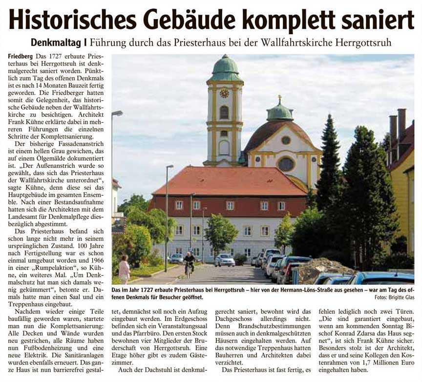 Fußner Kühne Architekten 2013 - Presseartikel aus der Friedberger Allgemeinen vom 13.09.2013 zur Sanierung des Priesterhaus Herrgottsruh Friedberg