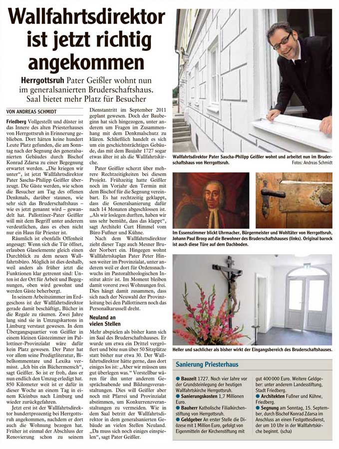 Fußner Kühne Architekten 2013 - Presseartikel aus der Friedberger Allgemeinen vom 13.09.2013 zur Sanierung des Priesterhaus Herrgottsruh