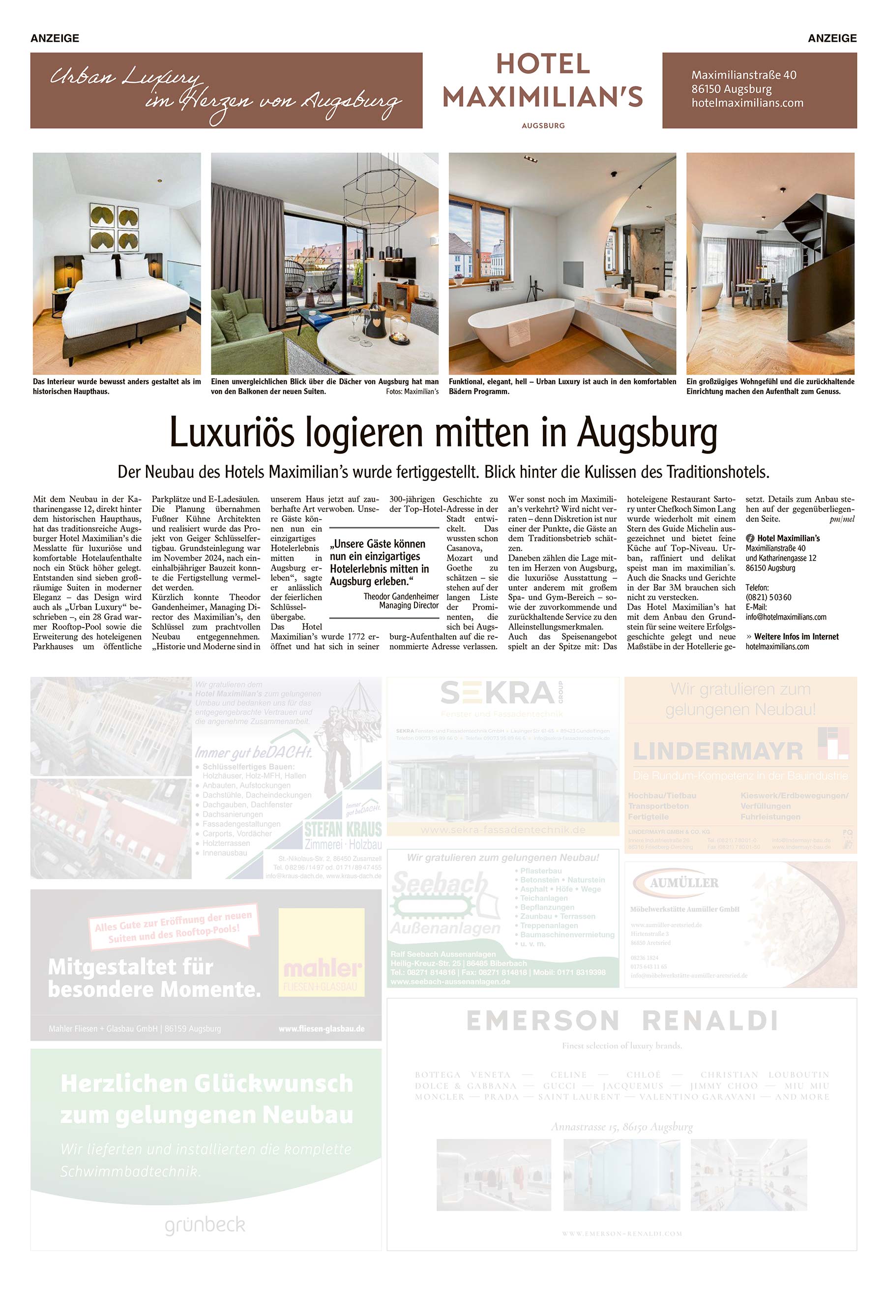 Presseartikel zum Neubau des Hotel Maximilian's 2026 in Augsburg